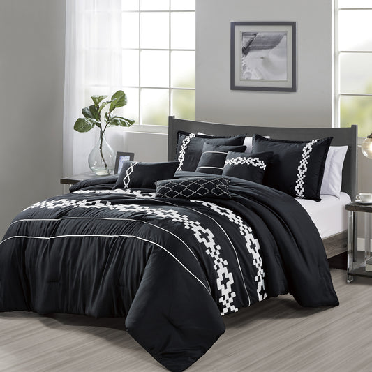 7-Piece Myisha Black & White Comforter Set Geometric Embroidery Bedding Queen Size