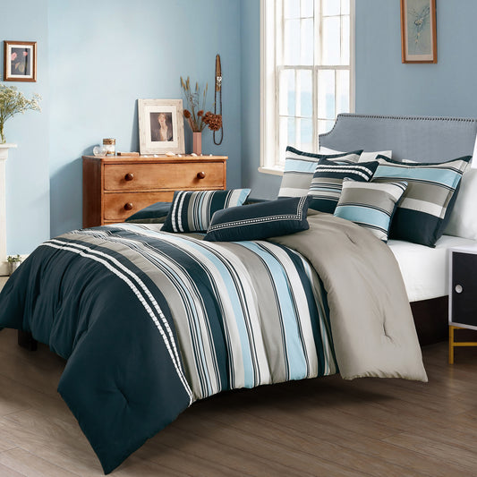 Coastal Grey and Navy Comforter Set Queen Size Naeemah 7-Pieces Nautica Bedding