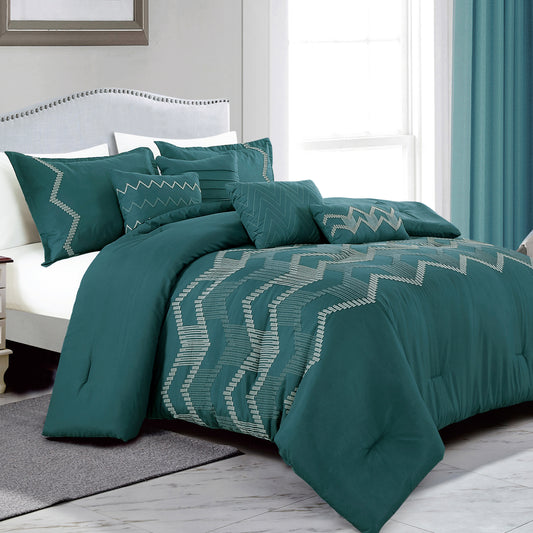 7-Piece Kefira Boho Embroidery Teal Comforter Set - Queen Size