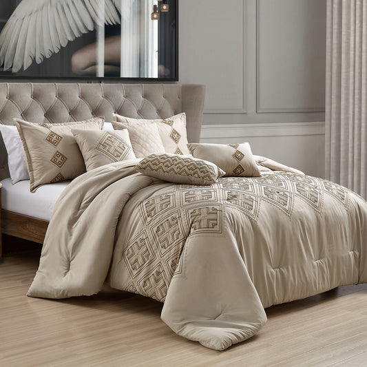 Beige Comforter Set Queen Size 7-Pieces Aulis Taupe Bedding