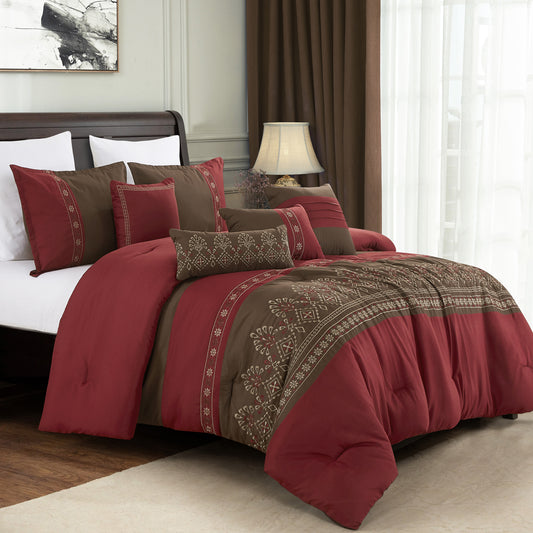 7-Piece Esyllt Brown and Burgundy Comforter Set Embroidery Bedding Queen Size