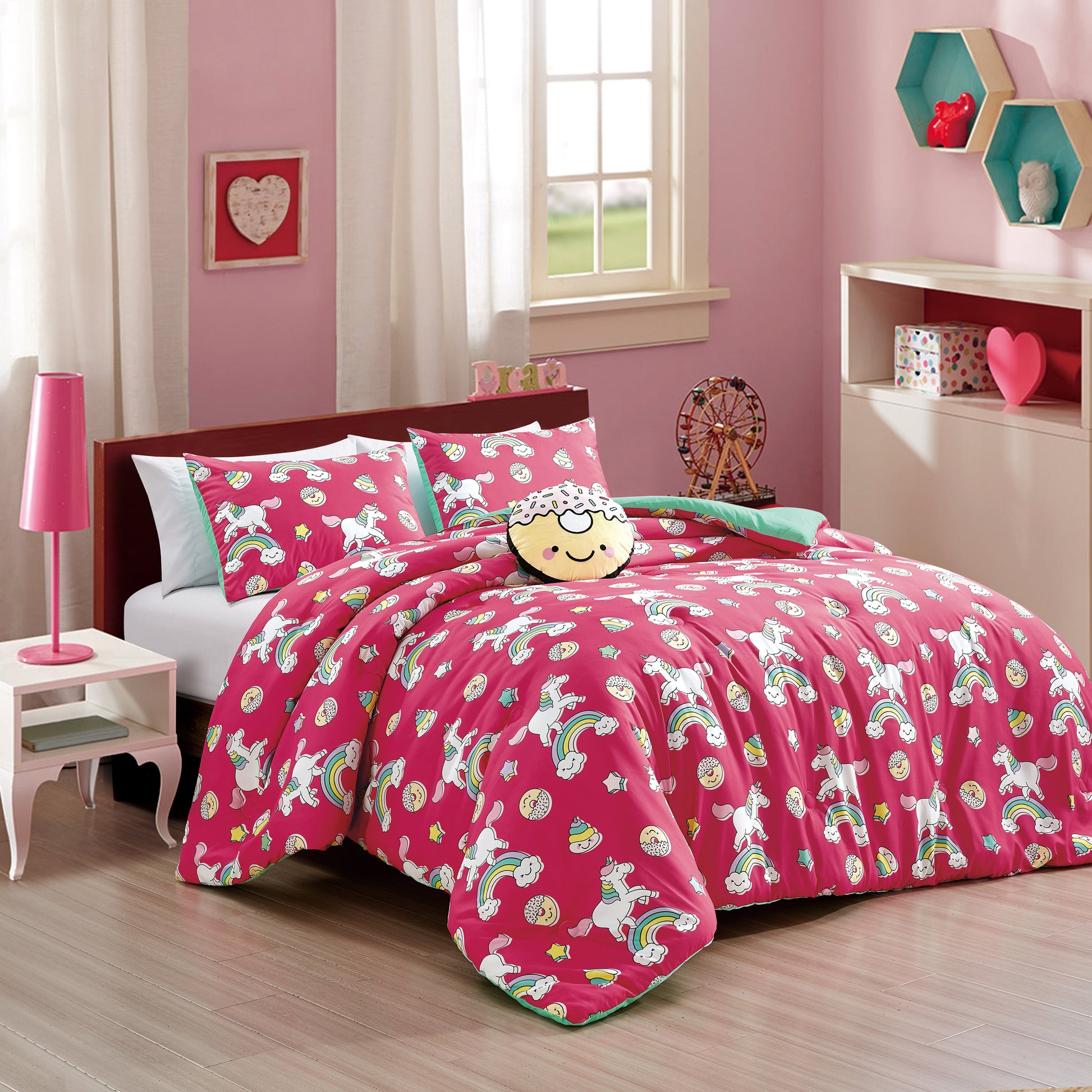 Pink Unicorn and Rainbow Kids Comforter Set Twin Size Hot Pink 3-Piece Kids Bedding with Cute Pattern Girls