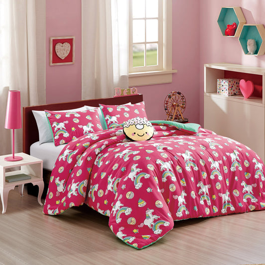 Pink Unicorn and Rainbow Kids Comforter Set Full/Queen Size Hot Pink 4-Piece Kids Bedding with Cute Pattern Girls