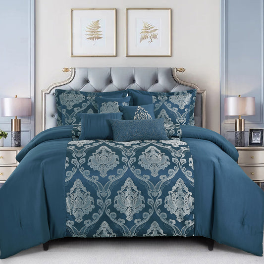 7-Piece Daryl Jacquard Blue Comforter Set Medallion Bedding Queen Size
