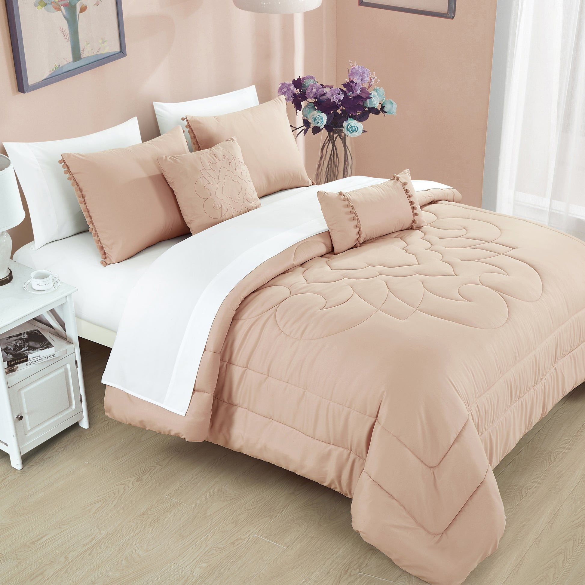 ESCA Bed-in-a-Bag 9-pieces Jovana Blush Pink Comforter and Sheet Set, Bed in Bag Quilted Bedding Set - Queen Size