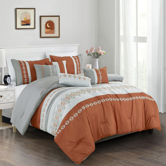 7-Piece Jyotsna Orange Boho Embroidery Comforter Set - Queen Size