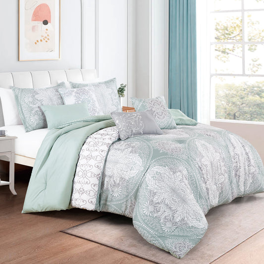 Sage Green Comforter Set Queen Size - 7-Pieces Amanda Floral Bedding Set