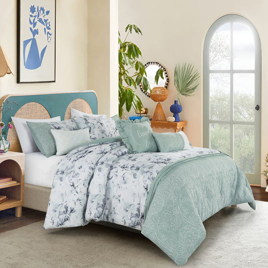 Green Floral Comforter Set Queen Size - 7-Pieces Vero Floral Bedding Set
