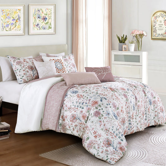 Floral Purple Comforter Set Queen Size - 7-Pieces Hazel Floral Bedding Set