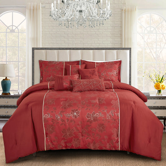 7-Piece Dalia Floral Red Comforter Set Jacquard Flower Bedding King & Cal King Sizes