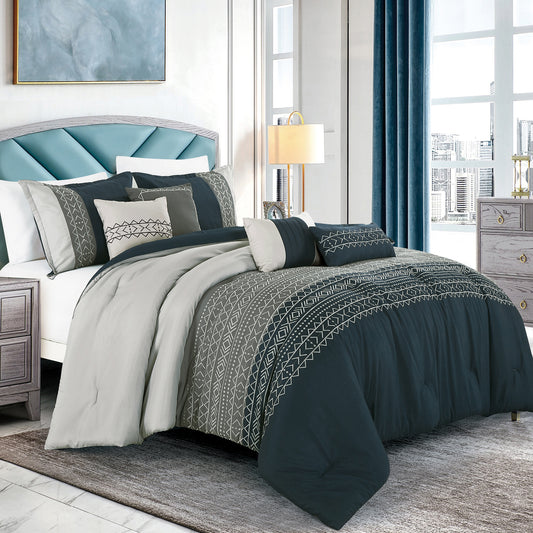 7-Piece Massah Grey & Blue Boho Embroidery Comforter Set - Queen Size