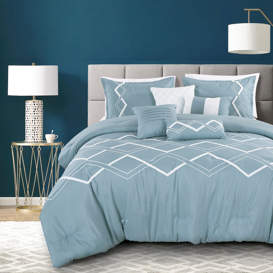 7-Piece Meara Blue Boho Embroidery Comforter Set - Queen Size