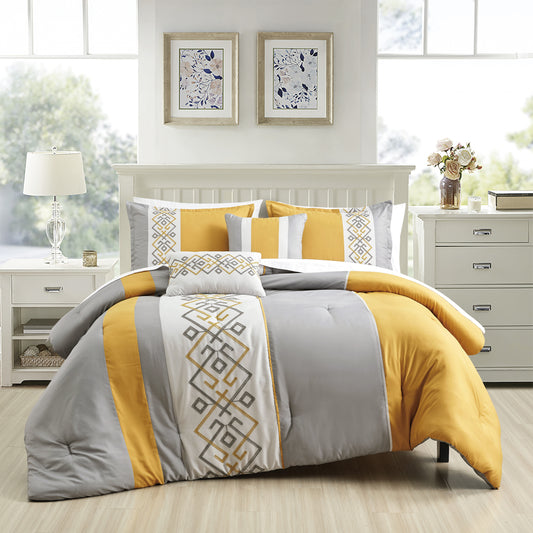 Bed-in-a-Bag 9-pieces Nelsey Yellow & Gray Comforter and Sheet Set, Bed in Bag Embroidery Bedding  Set - Queen Size