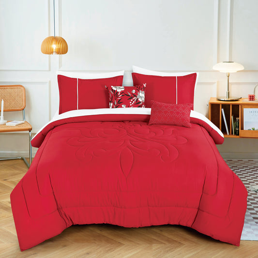 Bed-in-a-Bag 9-pieces Qubilah Floral Red Comforter and Sheet Set - Bed in Bag Quilted Floral Bedding Set - Queen Size