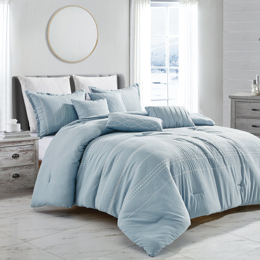 7-Piece Justine Blue Boho Embroidery Comforter Set - Queen Size