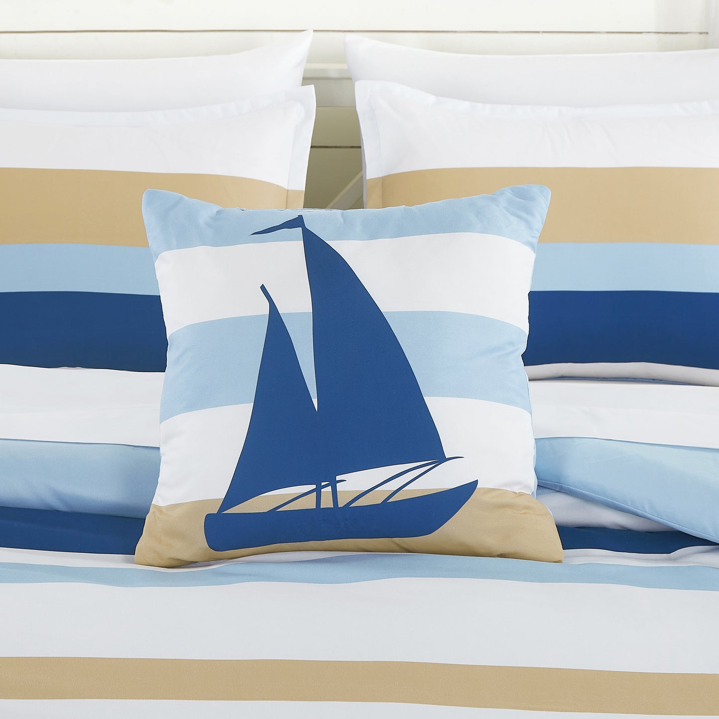 Bed-in-a-Bag 9-pieces Sailboat Blue Yellow White Comforter and Sheet Set, Coastal Bedding Set - Cal King Size