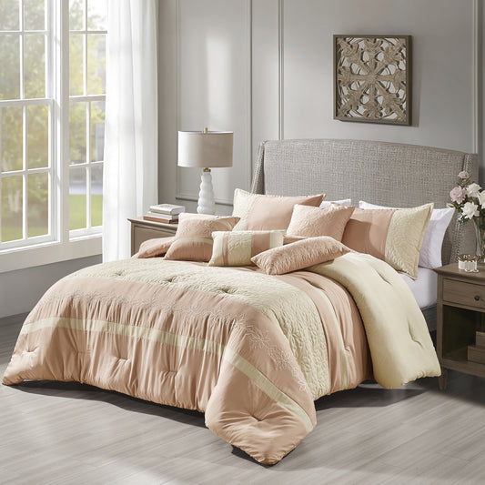 7-Piece Shadha Beige and Pink Comforter Set Floral Bedding Set Queen Size