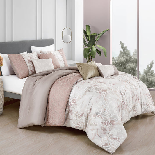 Floral Pink Comforter Set Queen Size - 7-Pieces Nayomi Floral Bedding Set