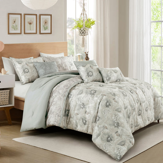 Floral Grey Comforter Set Queen Size - 7-Pieces Eriel Floral Bedding Set