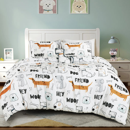 Woof Friends Kids Comforter Set Full/Queen Size\ Kids White Comforter Set with Dog Toy Throw Pillow - For Boys and Girls