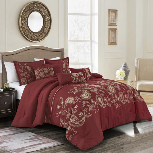 7-Piece Jlva Burgundy Paisley Embroidery Comforter Set - Queen Size