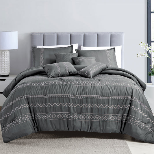 7-Piece Buffy Graphite Grey Boho Embroidery Comforter Set - Queen Size