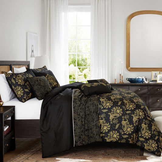 Black and Yellow Comforter Set Queen Size - 7-Pieces Dubh Floral Bedding Set