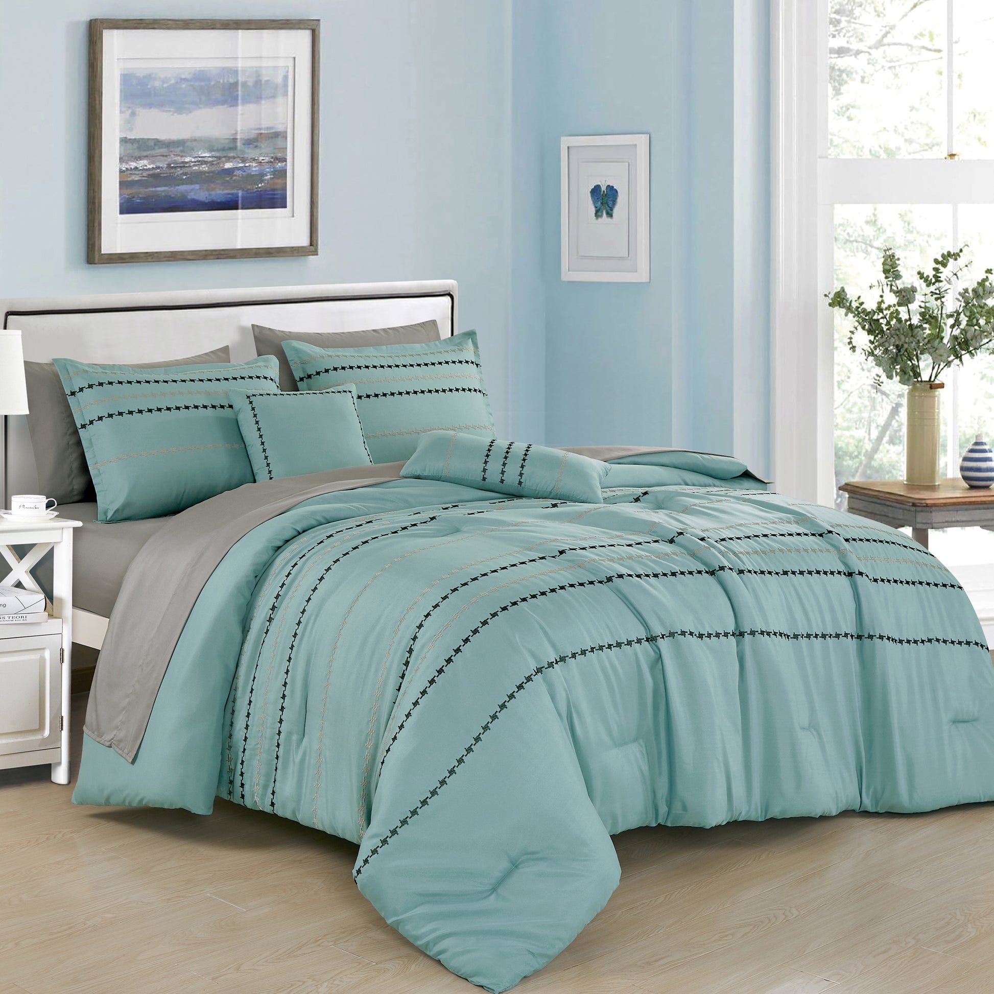 ESCA Bed-in-a-Bag 9-pieces Eris Teal Embroidery Comforter and Sheet Set Bedding Set - OEKO-TEX Standard 100 - Queen Size