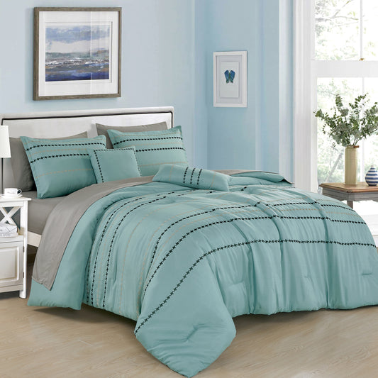 ESCA Bed-in-a-Bag 9-pieces Eris Teal Embroidery Comforter and Sheet Set Bedding Set - OEKO-TEX Standard 100 - Queen Size
