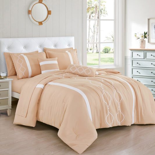 ESCA Bed-in-a-Bag 9-pieces Kineta Peach Pink Comforter and Sheet Set, Bed in Bag Embroidery Bedding Set - Queen Size