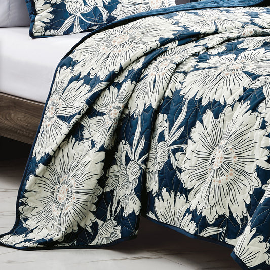 3-Piece ASIRA Blue Bedspread Set King Size Reversible Floral Quilt