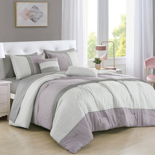 ESCA Bed-in-a-Bag 9-pieces Ena Grey Pintuck Real Quilting Comforter and Sheet Set Bedding Set - OEKO-TEX Standard 100 - Queen Size