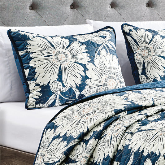 3-Piece ASIRA Blue Bedspread Set King Size Reversible Floral Quilt