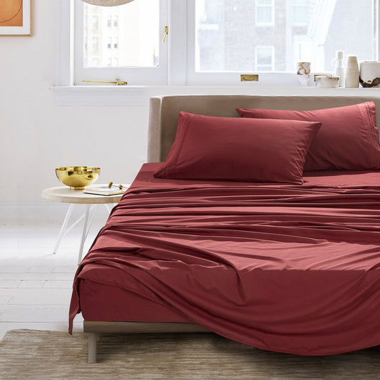 ESCA 3-Piece Burgundy Sheet Set Twin Size with Flat Sheet, Fitted Sheet, and Pillowcases