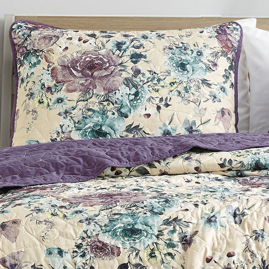 Heylie 3-Piece Floral Purple Bedspread Set King Size Reversible Lavender Quilt Set