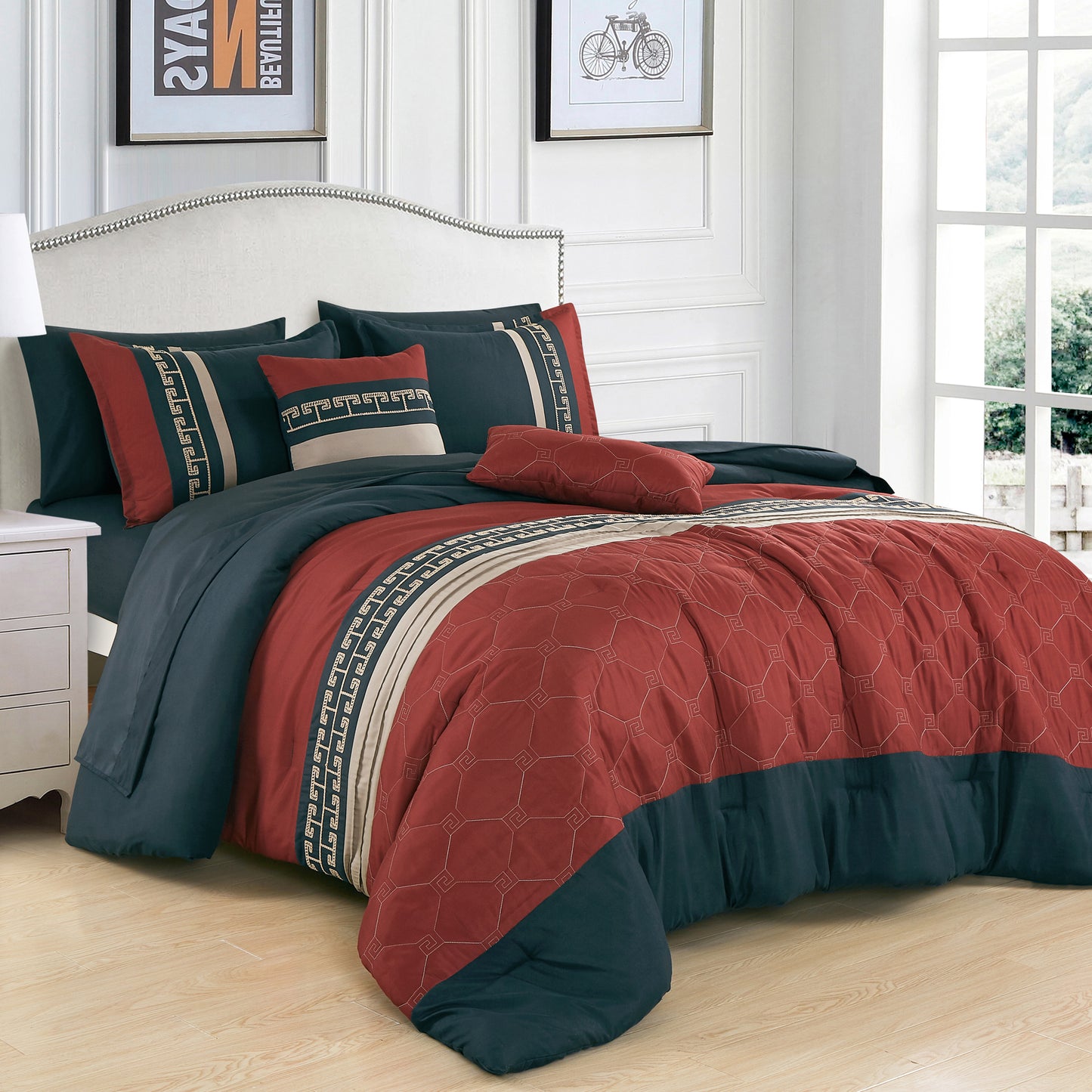 ESCA Bed-in-a-Bag 9-pieces Nadirah Navy and Burgundy Embroidery Comforter and Sheet Set Bedding Set - OEKO-TEX Standard 100 - Queen Size
