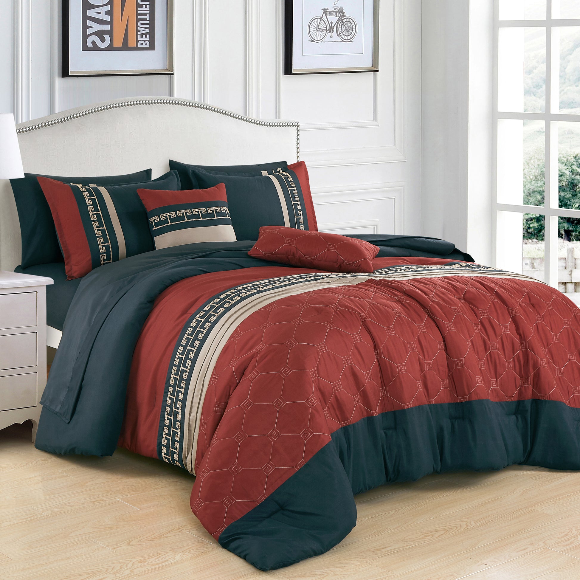 ESCA Bed-in-a-Bag 9-pieces Nadirah Navy and Burgundy Embroidery Comforter and Sheet Set Bedding Set - OEKO-TEX Standard 100 - Queen Size