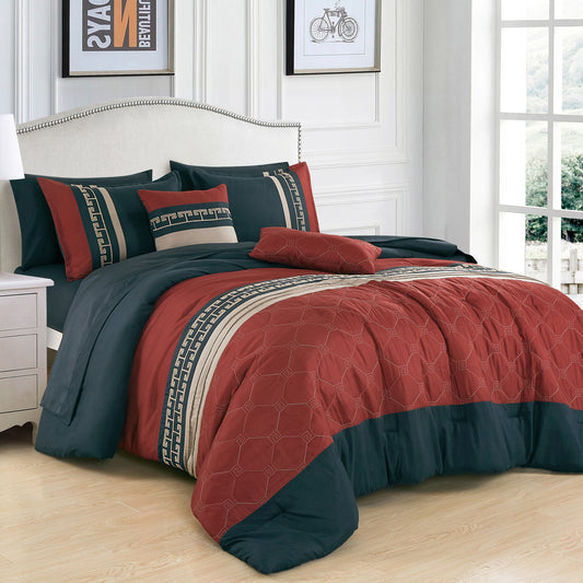 ESCA Bed-in-a-Bag 9-pieces Nadirah Navy and Burgundy Embroidery Comforter and Sheet Set Bedding Set - OEKO-TEX Standard 100 - Queen Size