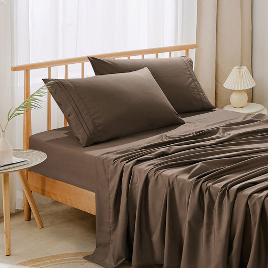 3-Piece Brown Sheet Set Twin Size with Flat Sheet, Fitted Sheet, and Pillowcases