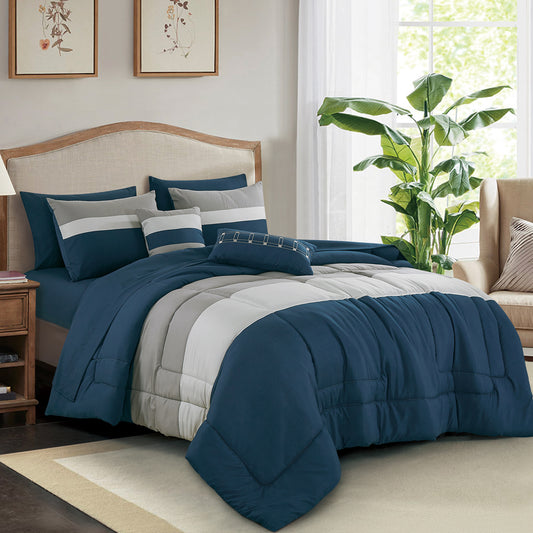 ESCA Bed-in-a-Bag 9-pieces Kirby Navy Blue and Grey Embroidery Bedding Comforter and Sheet Set - OEKO-TEX Standard 100 - Queen Size