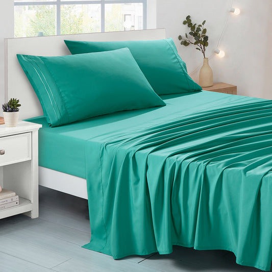 3-Piece Aqua Sheet Set Twin Size with Flat Sheet, Fitted Sheet, and Pillowcases