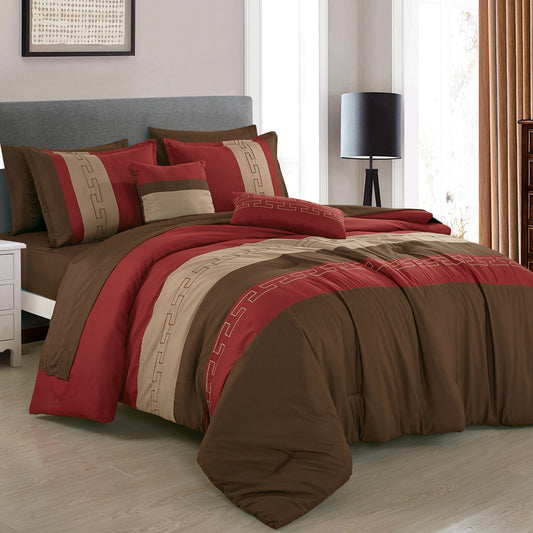 ESCA Bed-in-a-Bag 9-pieces Elind Brown and Red Embroidery Comforter and Sheet Set Bedding Set - OEKO-TEX Standard 100 - Queen Size