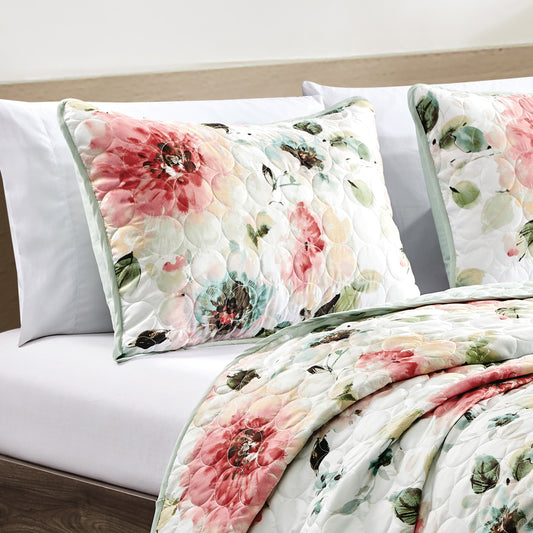 3-Piece LAHJA White Floral Bedspread Set King Size Reversible Peony Quilt