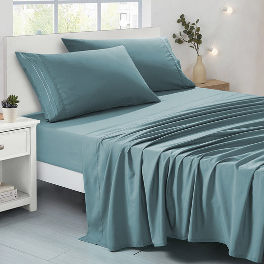 3-Piece Blue Sheet Set Twin Size with Flat Sheet, Fitted Sheet, and Pillowcases
